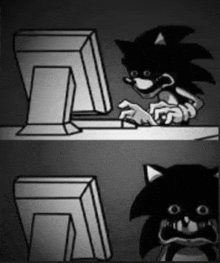 a black and white cartoon of sonic the hedgehog looking at a computer screen