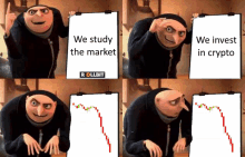 gru from despicable me holding a sign that says " we study the market "