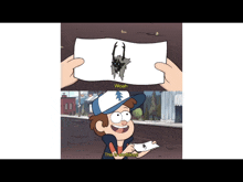 a cartoon of dipper from gravity falls holding a piece of paper