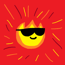 a cartoon drawing of a fire wearing sunglasses on a red background