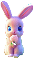 a bunny with blue eyes is holding a flower