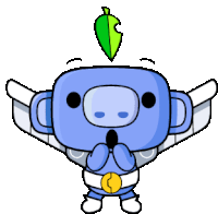 a cartoon drawing of a robot with wings and a green leaf on its head