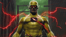 a man in a yellow flash costume is surrounded by lightning