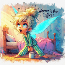 a cartoon of tinkerbell holding a cup of coffee