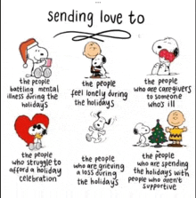 a cartoon of snoopy and charlie brown with the words sending love to