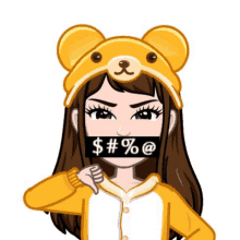 a cartoon girl wearing a teddy bear hat has a sticker on her mouth that says $ ### % @