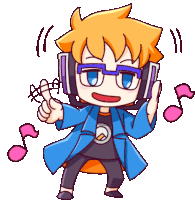 a cartoon of a boy wearing headphones and giving a peace sign