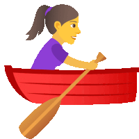 a woman is rowing a red boat with a wooden paddle