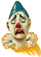 a clown with tears running down his face is wearing a blue hat