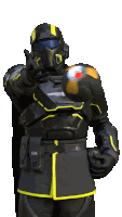 a man in a black and yellow armor is holding a helmet