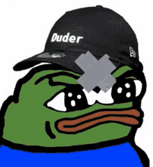 a cartoon frog wearing a black hat with the word duder written on it .