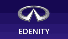 a silver infiniti logo on a blue background with the word edenity below it