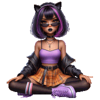 a girl with purple hair and cat ears is wearing sunglasses and a plaid skirt