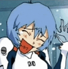 a cartoon of a girl with blue hair holding a microphone and laughing .