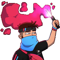 a cartoon of a man with a bandana on his face holding a pink torch