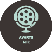 a logo for avarts talk shows a microphone with headphones on it