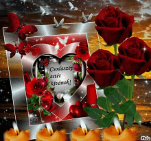 a heart surrounded by red roses and candles with a paper that says csodaszept