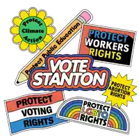 a bunch of stickers that say vote stanton on them