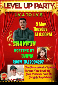 an advertisement for a level up party with shamfin hosting