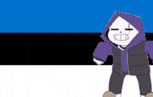 a cartoon character in a purple hoodie is standing in front of a flag .