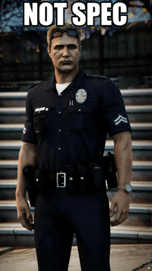 a police officer is standing in front of some stairs with the words not spec above him