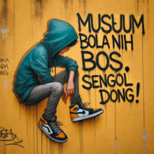 a drawing of a person sitting on a wall with the words musum bola nih bos sengol dong