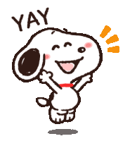 a cartoon drawing of snoopy says yay