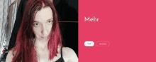 a woman with red hair is standing in front of a red background with the word mehr on it