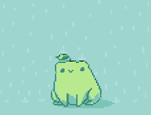 a pixel art of a frog wearing a hat in the rain