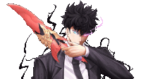 a man in a suit and tie holds a red sword in his hand