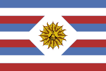 a flag with red white and blue stripes and a sun in the center