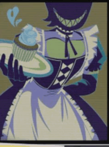 a cartoon of a maid holding a plate and a cupcake