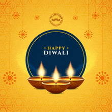 a happy diwali greeting card with three lit candles on a yellow background