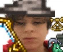 a pixelated image of a man wearing a hat with the letter s on it