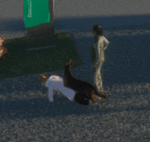 a blurred image of people standing in front of a sign that says ' downtown ' on it