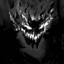 a black and white drawing of a demon with glowing teeth and horns .