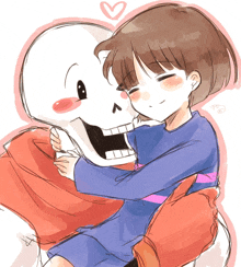 a drawing of a girl hugging a skeleton