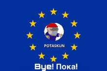 a blue background with yellow stars and a picture of a man wearing a mask that says potaskun