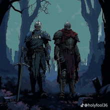 two knights standing next to each other in a dark forest with the hashtag holyfool36 below them