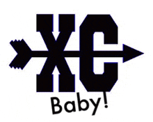 a black logo with the words `` xc baby '' and an arrow pointing to the right .