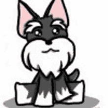 a black and white cartoon dog with a beard and pink ears is sitting on a box .