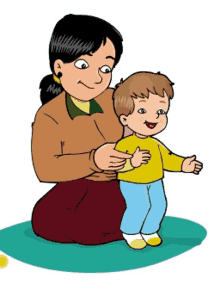 a cartoon drawing of a woman kneeling down holding a child