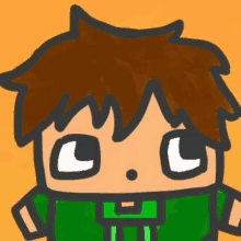 a drawing of a boy with brown hair and a green shirt