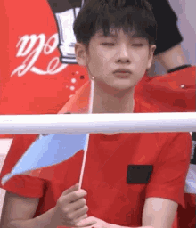 a young man in a red shirt is holding a flag in his hand while sitting in a stadium .