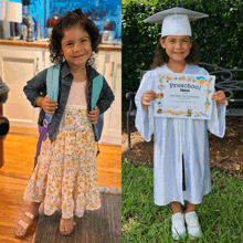 a little girl in a preschool cap and gown holding a certificate