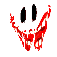 a cartoon drawing of a face with bloody teeth and black eyes