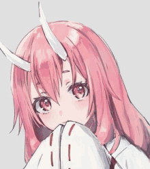 a close up of a pink haired anime girl with horns covering her mouth .