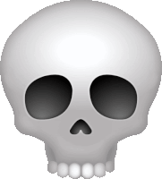 a cartoon skull with small black eyes and white teeth