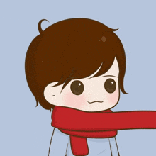 a cartoon drawing of a boy with a red scarf around his neck