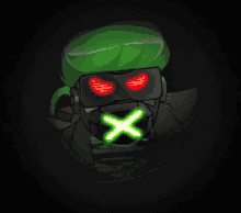 a cartoon character wearing a gas mask with glowing eyes and a green x in his mouth .